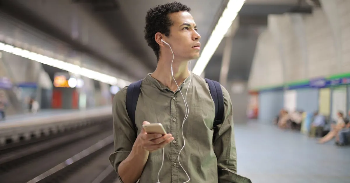Smartphone showing podcast app with earbuds